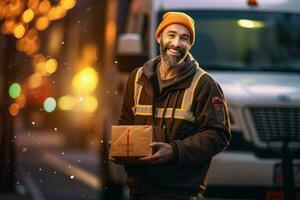 sonriente entrega hombre es participación un paquete fuera de un entrega camioneta con generativo ai foto