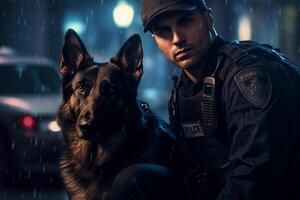 policeman with his german shepard with Generative AI photo