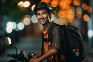 sonriente entrega hombre con mochila en su scooter con generativo ai foto