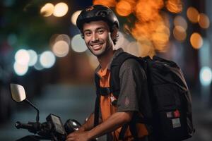 smiling delivery man with backpack on his scooter with photo