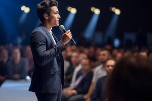 young man giving a talk at a conference in a bright stage with photo