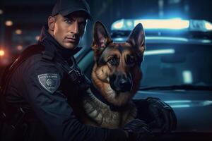 policeman with his german shepard with photo
