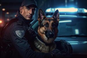 policeman with his german shepard with Generative AI photo