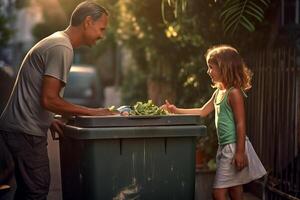 happy father and daughter collect garbage from a green recycling bin at the household with Generative AI photo