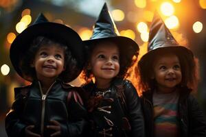 Tres pequeño niños en disfraz celebrando Víspera de Todos los Santos juntos con generativo ai foto