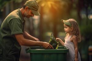 happy father and daughter collect garbage from a green recycling bin at the household with photo