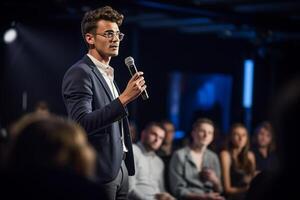 young man giving a talk at a conference in a bright stage with photo