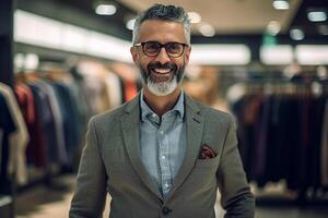 a happy man looking fashion and choosing them in a modern shopping store with Generative AI photo