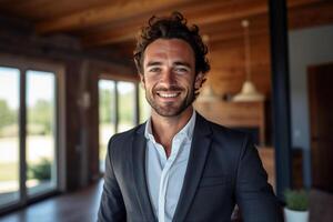 smiling male Real Estate Agent in a suit stands in new home with photo