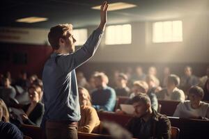 a male student raising hands at a lecture theatre with photo