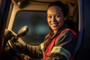 a smiling female truck driver at the wheel of a truck with Generative AI photo