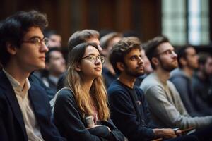 students listening to lecture at a lecture theatre with photo