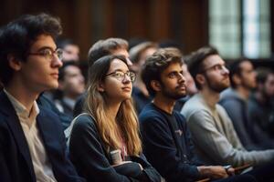 students listening to lecture at a lecture theatre with Generative AI photo