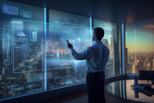 businessman presenting business plans in digital boardroom with photo