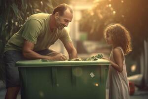 happy father and daughter collect garbage from a green recycling bin at the household with Generative AI photo