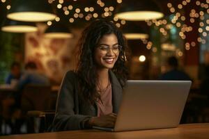 smiling woman working on laptop working with laptop with Generative AI photo