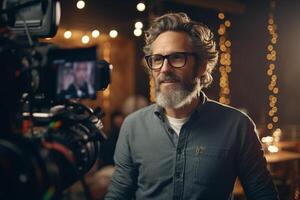 director speaks on the set of a movie production with photo