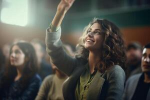 a female student raising hands at a lecture theatre with Generative AI photo