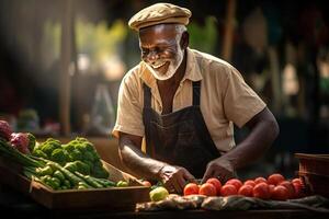 a smiling male farmer preparing fruits and vegetables for sale at farmers market with Generative AI photo