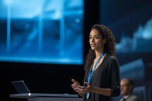young woman giving a talk at a conference in a bright stage with photo