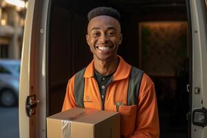 smiling delivery man is holding a package outside a delivery van with photo