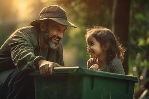 contento padre y hija recoger basura desde un verde reciclaje compartimiento a el casa con generativo ai foto