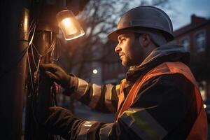 a electrician fixing power pole with photo