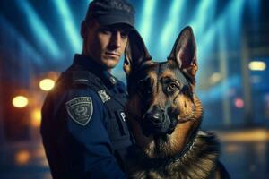 policeman with his german shepard with Generative AI photo