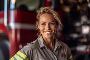 un sonriente hembra bombero en frente de el fuego camión con generativo ai foto