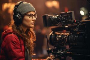 female director speaks on the set of a movie production with photo