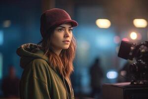 female director speaks on the set of a movie production with photo
