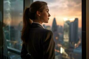 mujer de negocios mirando fuera dentro ciudad horizonte con generativo ai foto
