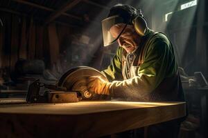 carpenter using a saw on wood in the workshop with photo