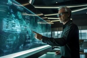 businessman presenting business plans in digital boardroom with photo
