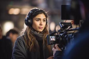 female director speaks on the set of a movie production with photo