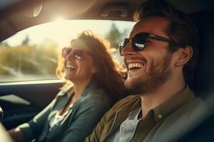 joven Pareja sonriente en coche conducción con generativo ai foto