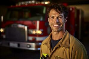 un sonriente masculino bombero en frente de el fuego camión con generativo ai foto