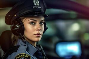 female police officer speaking on the radio with police car behind her with photo