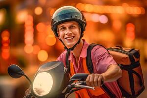 smiling delivery man with backpack on his scooter with photo