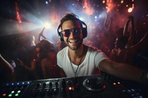 happy people and dj at the music party in the dark night club with photo