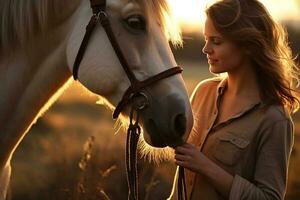 un joven contento mujer conmovedor un caballo con generativo ai foto