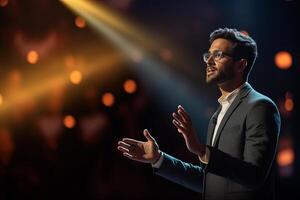 young man giving a talk at a conference in a bright stage with photo