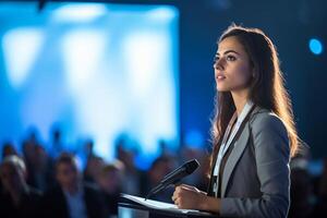 young woman giving a talk at a conference in a bright stage with photo