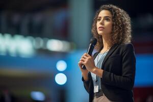 young woman giving a talk at a conference in a bright stage with photo