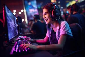 a happy gamer woman wearing headphones is using a computer at night with photo