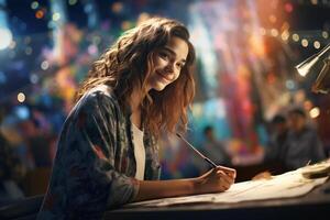 young happy woman artist painter in studio at evening with photo