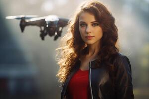 young woman with a flying drone with photo