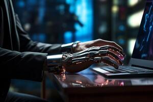 a person is using an artificial hand on their computer with photo