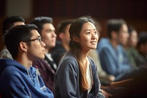 students listening to lecture at a lecture theatre with Generative AI photo