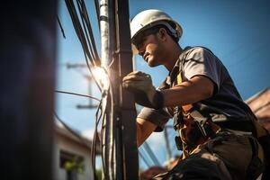 a electrician fixing power pole with photo